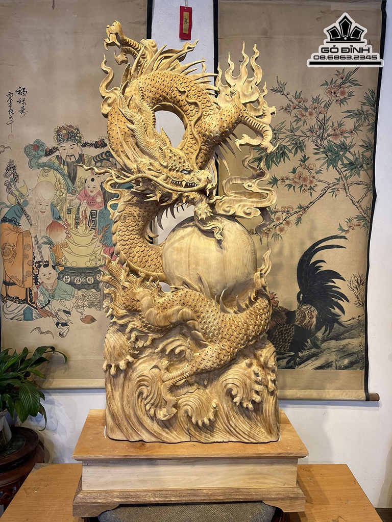Tượng Rồng (Nhất Long) Nhả Ngọc Gỗ Ngọc Am Cao 100 Ngang 45 Sâu 16 Cao Cả Kỷ 115 (cm)