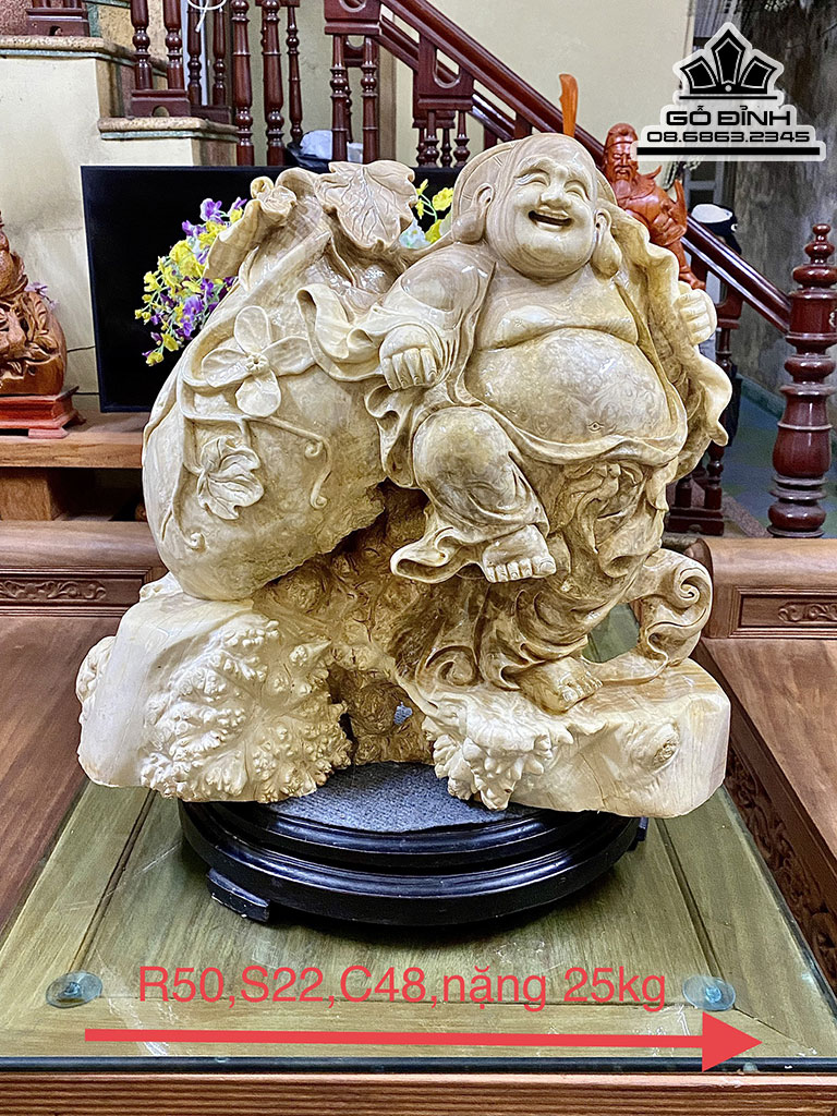 Tượng Phật Di Lặc Bao Tiền Gỗ Nu Nghiến Cao 48 Ngang 50 sâu 22 (cm)