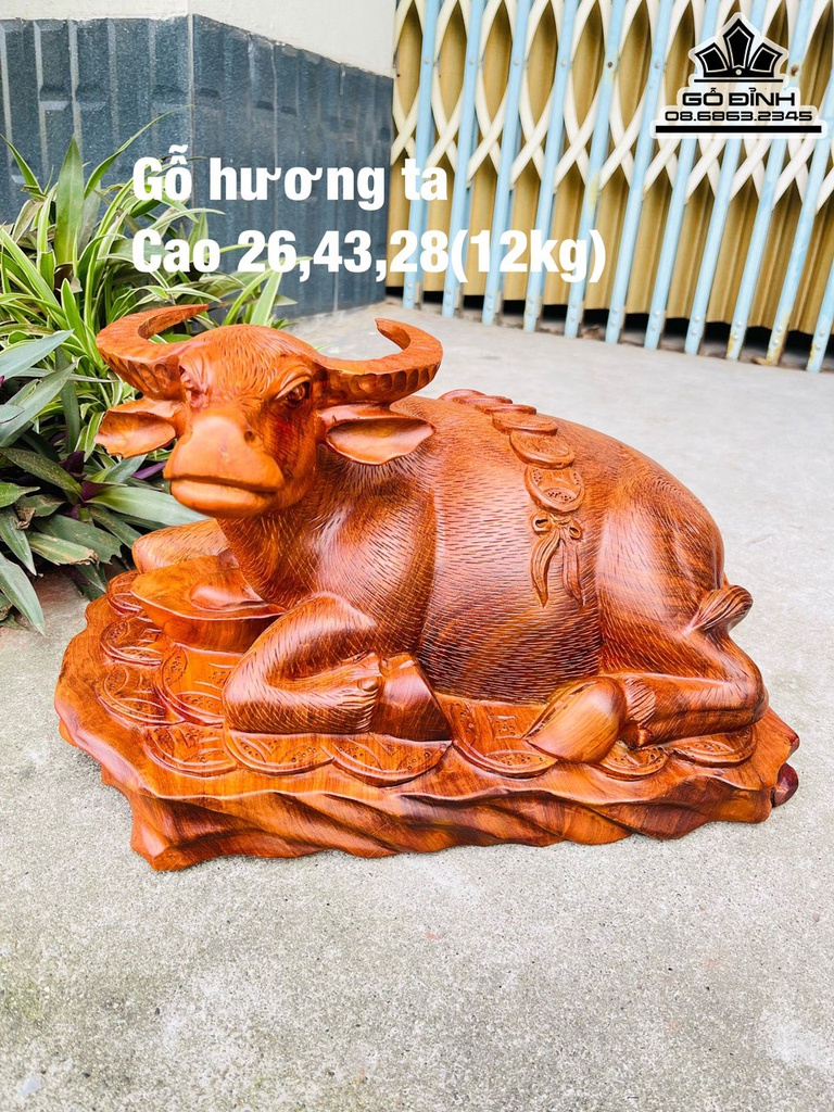 Tượng Trâu Phong Thủy Gỗ Hương Cao 26 Ngang 43 Sâu 28 (cm)