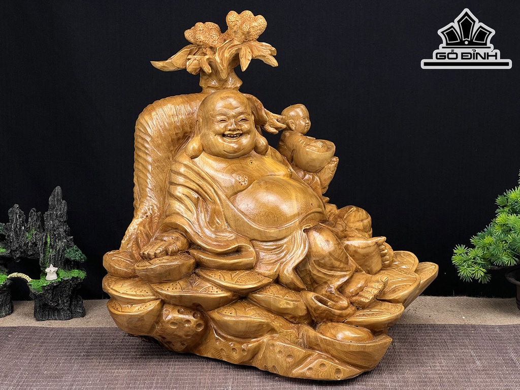 Tượng Phật Di Lặc Nhị Phúc Ngự Tiền Vàng Gỗ Xá Xị Cao 40 Ngang 40 Sâu 26 (cm)