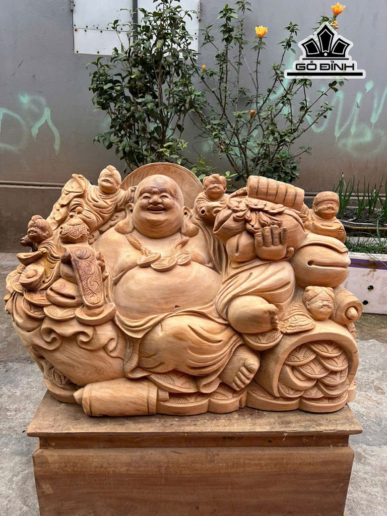Tượng Phật Di Lặc Ngũ Phúc Gỗ Ngọc Am Cao 50 Ngang 76 Sâu 32 (cm)