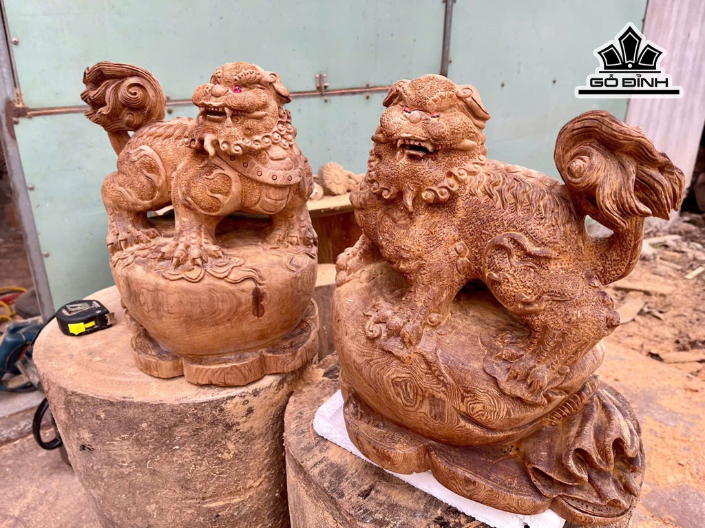Cặp Tượng Nghê Gỗ Ngọc Am Cao 35 Ngang 35-33 Sâu 24-22 (cm)