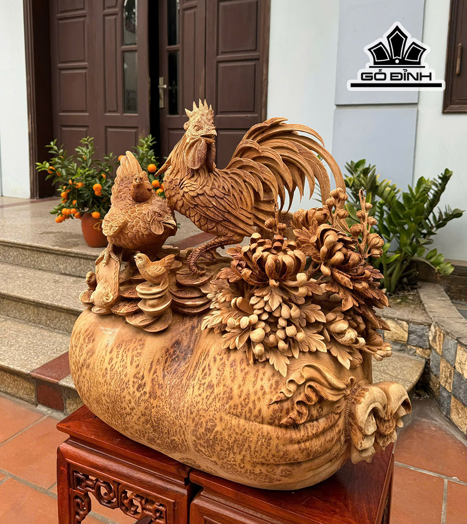 Tượng Gia Đình Gà Gỗ Nu Ngọc Am Cao 65 Ngang 62 Sâu 34 (cm)