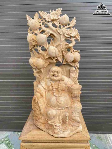 Tượng Phật Di Lặc Ngồi Gốc Đào Gỗ Ngọc Am Lào  Cao 74 Ngang 34 Sâu 30 (cm)