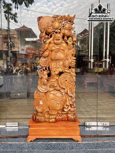 Tượng Phật Di Lặc NGũ Phúc Đứng Bao Tiền Vác Cành Đào Gỗ Ngọc Am Cao 125 Ngang 53 Sâu 21 Cao Cả Kỷ 145 (cm)