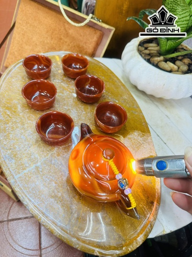 Bộ Ấm Chén Đá Mã Não Cao 14 Ngang 7 Sâu 9 (cm)