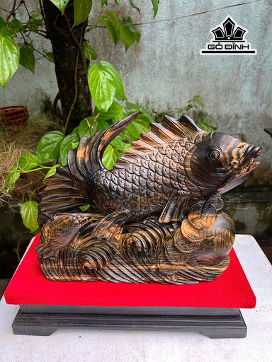 Tượng Cá Mẫu Tử Gỗ Mun Hoa Cao 26 Ngang 33 Sâu 13 (cm) Cả Kỷ Cao 36 (cm)