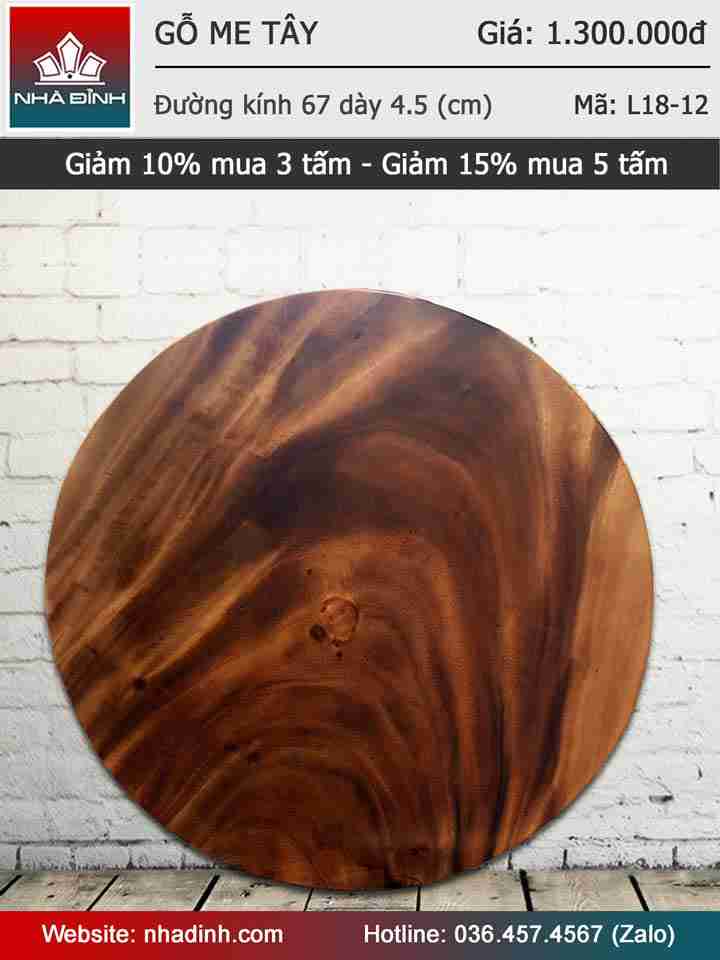 Mặt bàn gỗ Me Tây nguyên khối đường kính 67 dày 4,5 (cm)