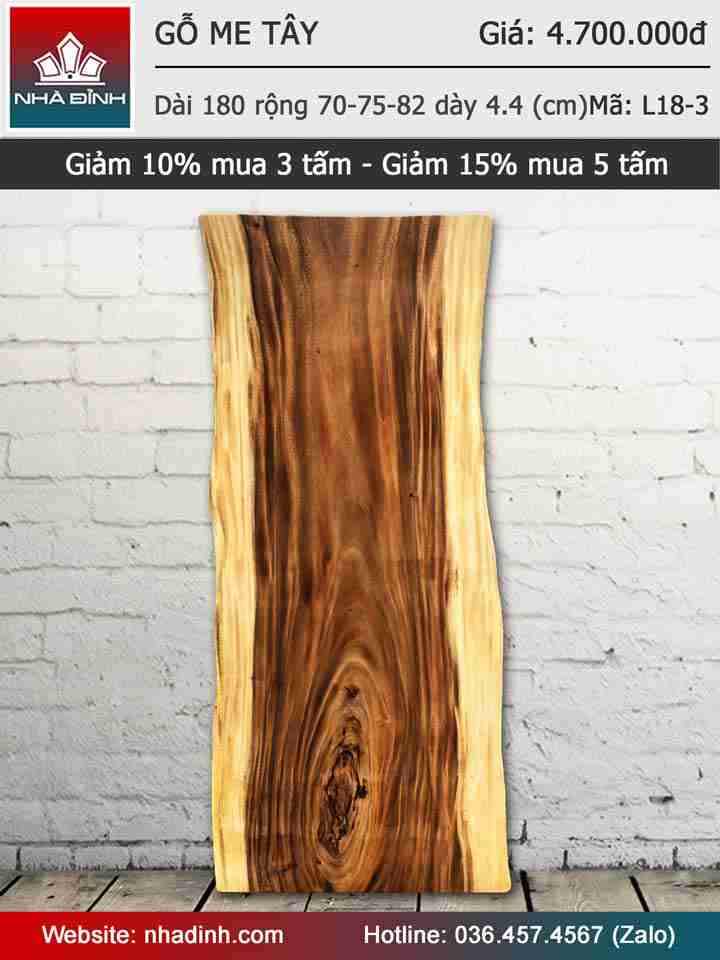 Mặt bàn gỗ Me Tây nguyên khối dài 180 rộng 70-75-82 dày 4,4(cm)