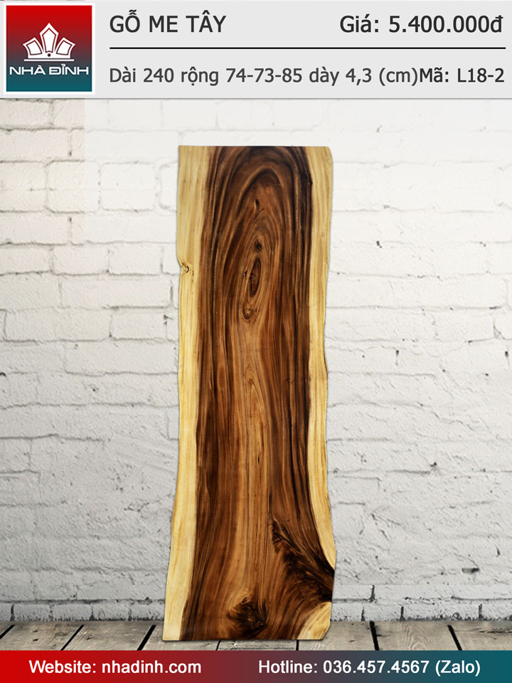 Mặt bàn gỗ Me Tây nguyên khối dài 240 rộng 74-73-85 dày 4,3(cm)