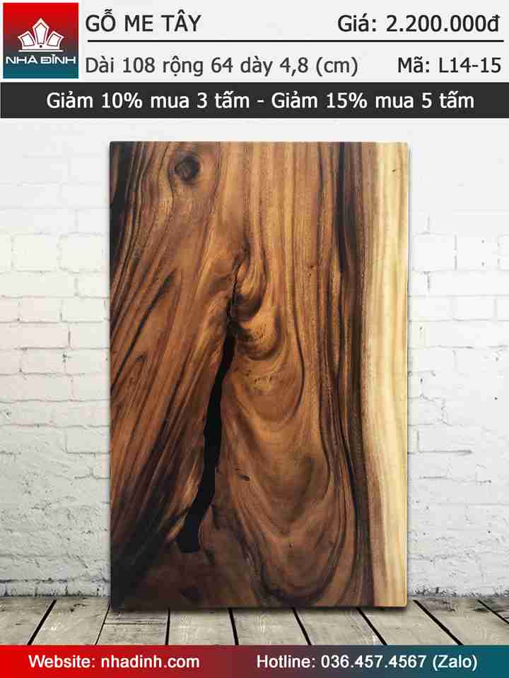 Mặt bàn gỗ Me Tây nguyên khối dài 1080 rộng 640 dày 48 (mm)