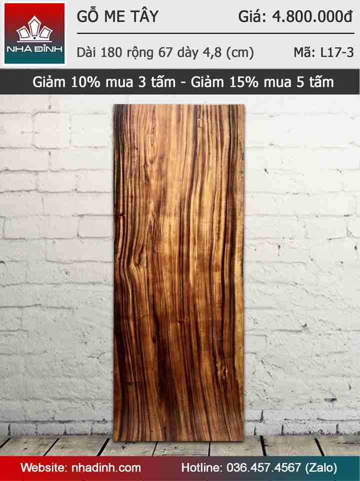 Mặt bàn gỗ Me Tây nguyên khối dài 180 rộng 67 dày 4,8 (cm)