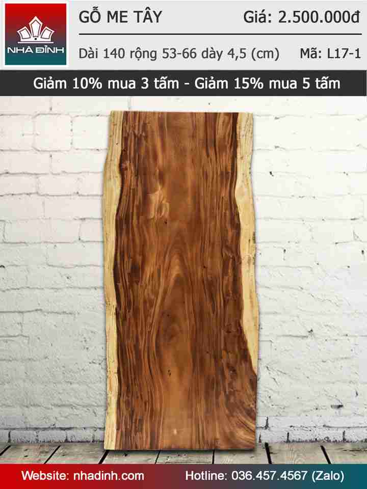 Mặt bàn gỗ Me Tây nguyên khối dài 140 rộng 53-66 dày 4,5 (mm)