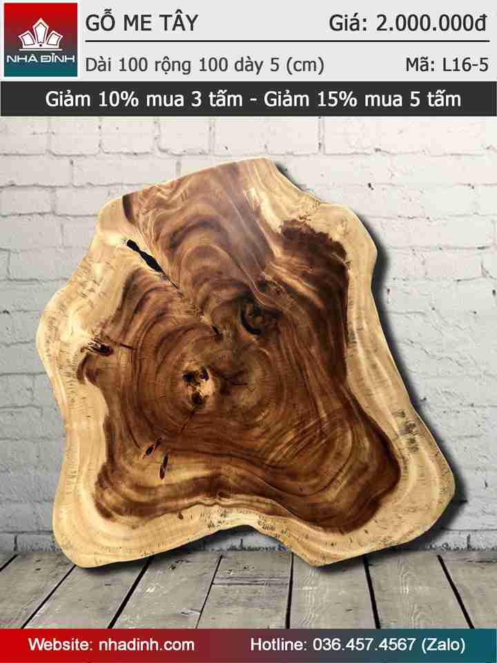 Mặt bàn gỗ Me Tây nguyên khối dài 1000 rộng 1000 dày 50 (mm)