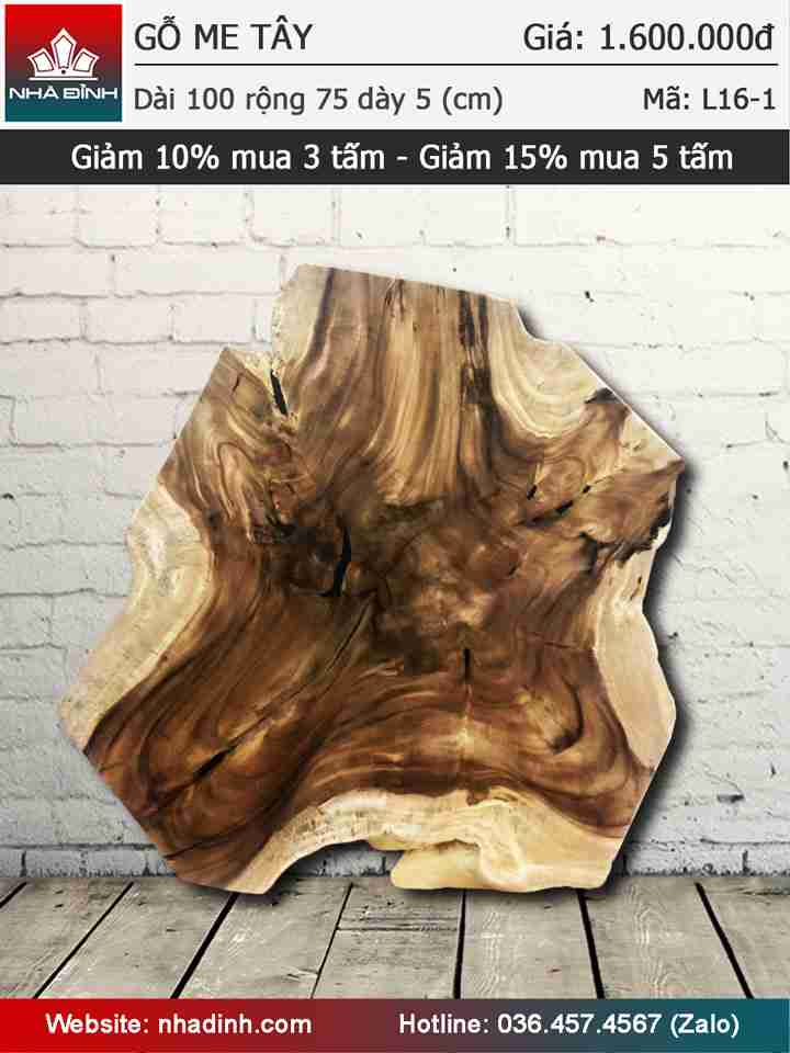 Mặt bàn gỗ Me Tây nguyên khối dài 1000 rộng 750 dày 50 (mm)