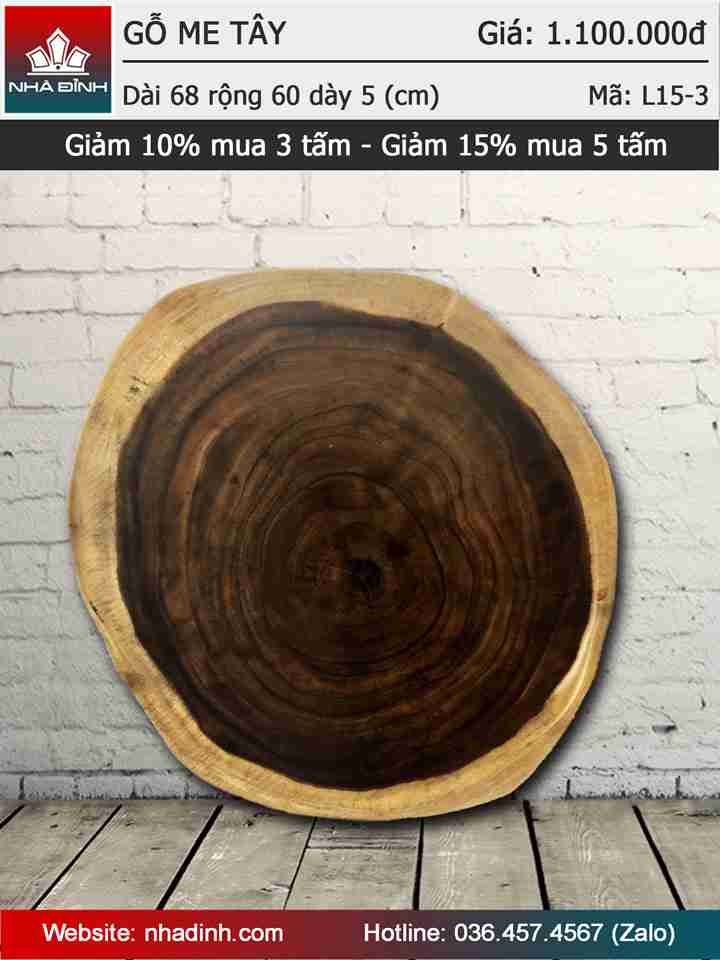 Mặt bàn gỗ Me Tây nguyên khối đường kính 680-600 dày 50 (mm)