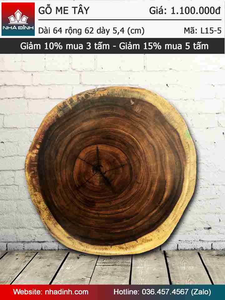 Mặt bàn gỗ Me Tây nguyên khối đường kính 640-620 dày 54 (mm)