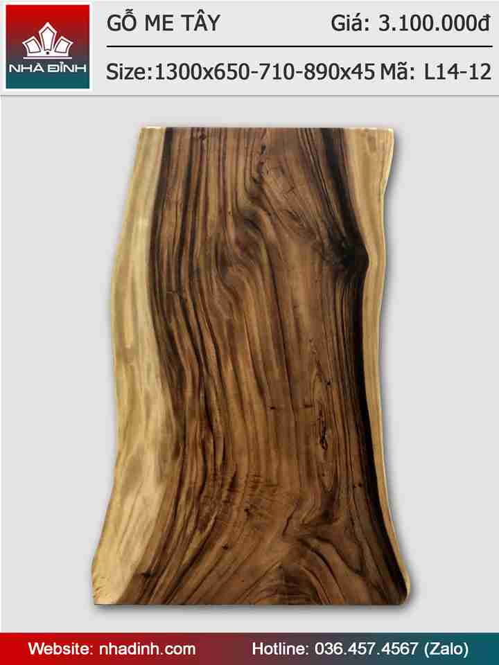 Mặt bàn gỗ Me Tây nguyên khối dài 1300 rộng 650-710-890 dày 45 (mm)