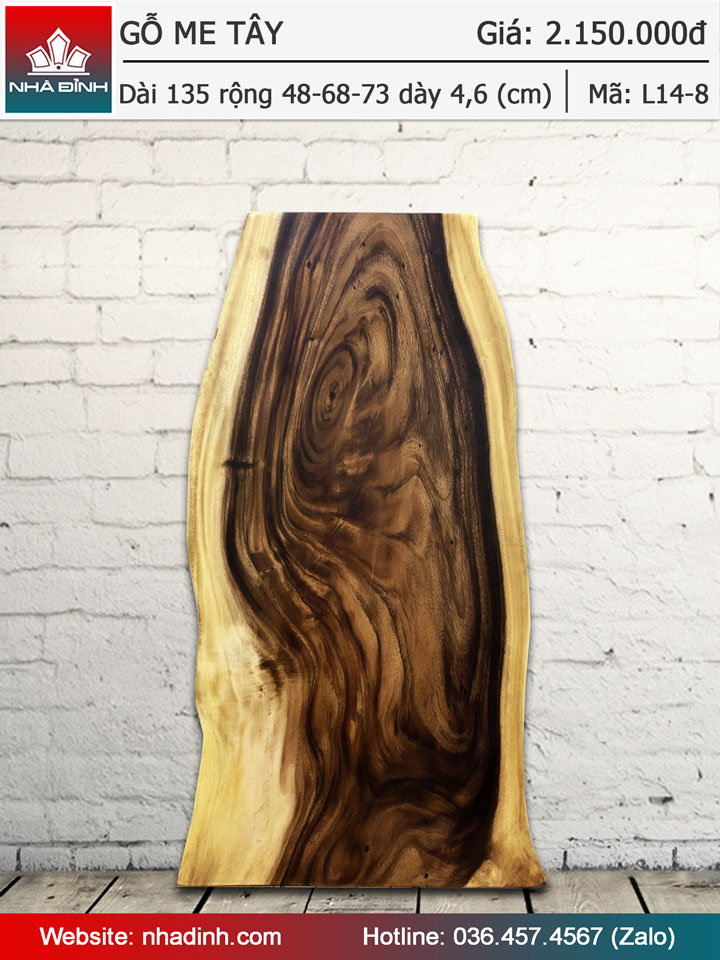 Mặt bàn gỗ Me Tây nguyên khối dài 135 rộng 48-68-73 dày 4,6 (cm)