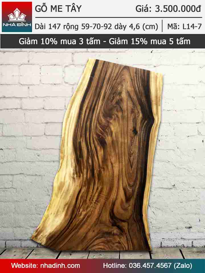 Mặt bàn gỗ Me Tây nguyên khối dài 147 rộng 59-70-92 dày 4,6 (cm)
