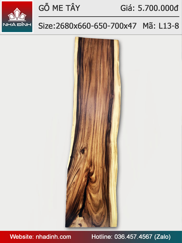 Mặt bàn gỗ Me Tây nguyên khối dài 2680 rộng 660-650-700 dày 47 (mm)