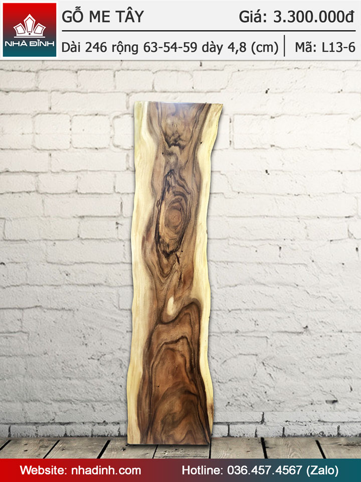 Mặt bàn gỗ Me Tây nguyên tấm dài 246 rộng 63-54-59 dày 4,8 (cm)