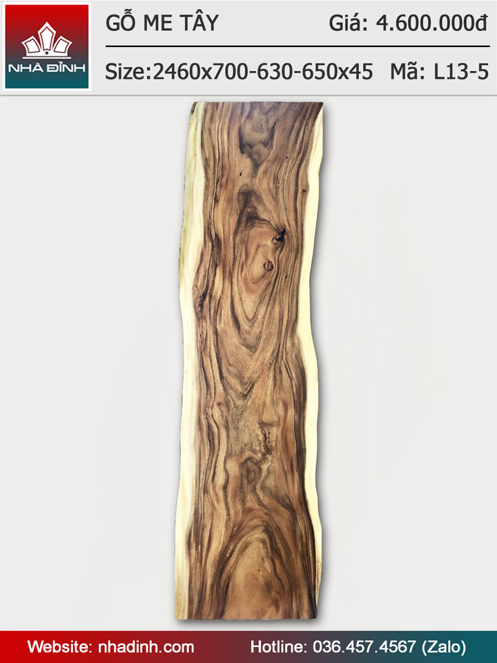 Mặt bàn gỗ Me Tây nguyên tấm dài 2460 rộng 700-630-650 dày 45 (mm)