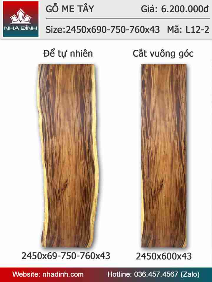 Mặt bàn gỗ Me Tây nguyên tấm dài 2450 rộng 690-750-760 dày 43 (mm)