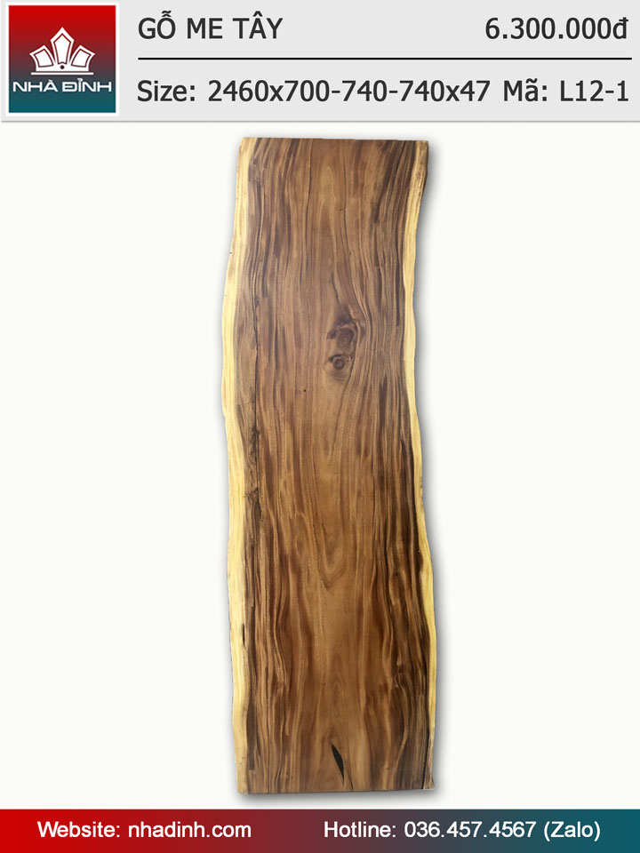 Mặt bàn gỗ Me Tây nguyên khối dài 2460 rộng 700-740-740 dày 47 (mm)