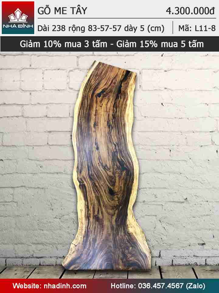 Mặt bàn gỗ Me Tây nguyên khối dài 2m38 rộng 83-57-57 dày 5 (cm)