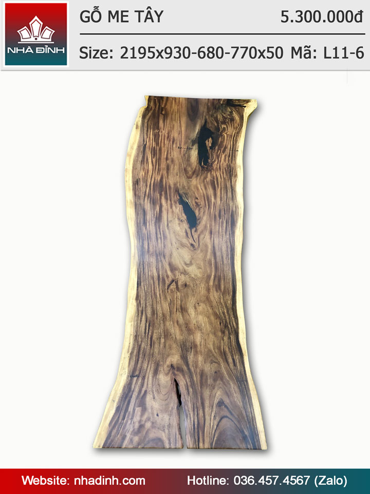Mặt bàn gỗ Me Tây nguyên khối dài 219,5 rộng 93-68-77 dày 5 (cm)