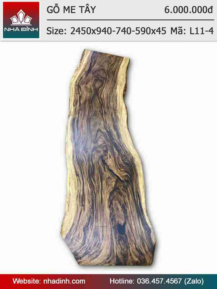 Mặt bàn gỗ Me Tây nguyên khối dài 2m45 rộng 94-74-59 dày 4,5 (cm)