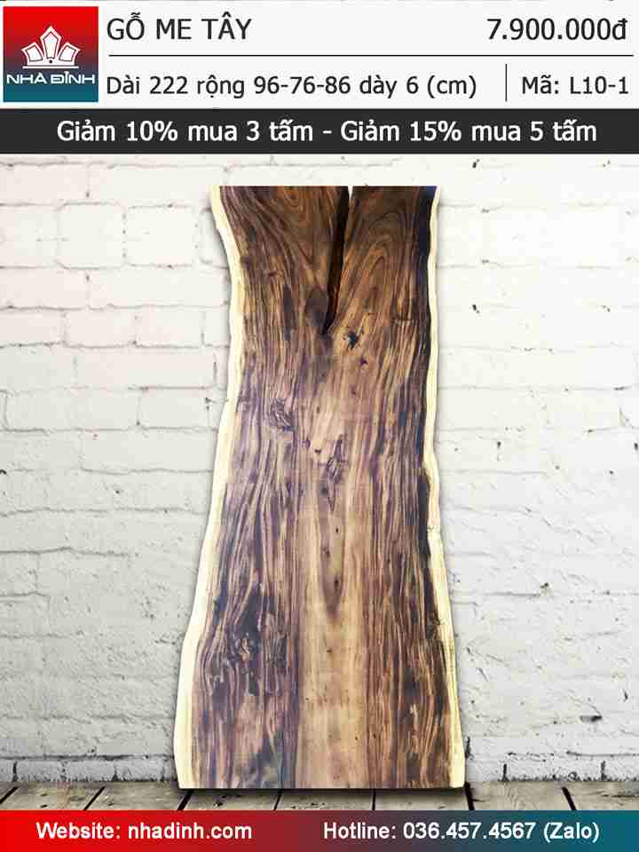 Mặt bàn gỗ Me Tây nguyên tấm dài 222,5 rộng 96-76-86 dày 6 (cm)