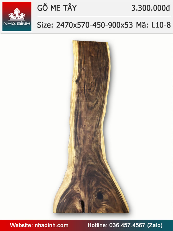 Mặt bàn gỗ Me Tây nguyên tấm dài 2470 rộng 570-450-900 dày 53 (mm)