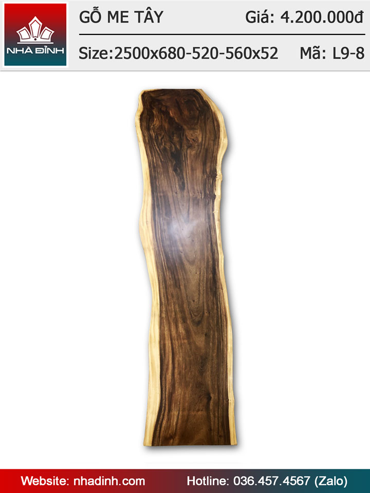 Mặt bàn gỗ Me Tây nguyên khối dài 2m5 rộng 68-52-56 dày 5,2 (cm)