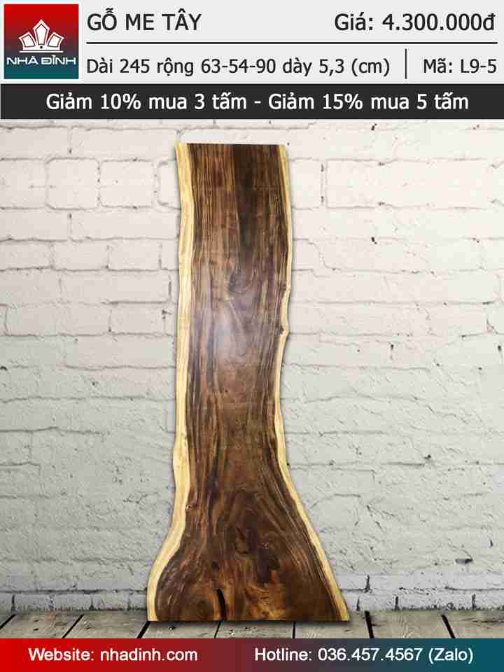 Mặt bàn gỗ Me Tây nguyên khối dài 2m45 rộng 63-54-90 dày 5,3 (cm)