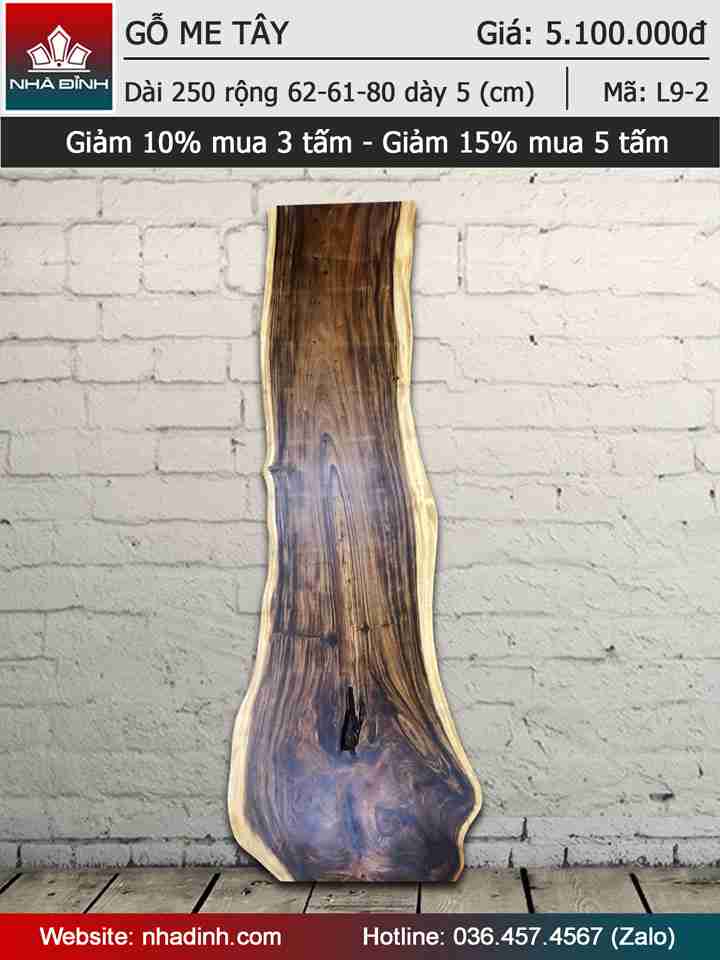 Mặt bàn gỗ Me Tây nguyên khối dài 2m5 rộng 62-61-80 dày 5 (cm)