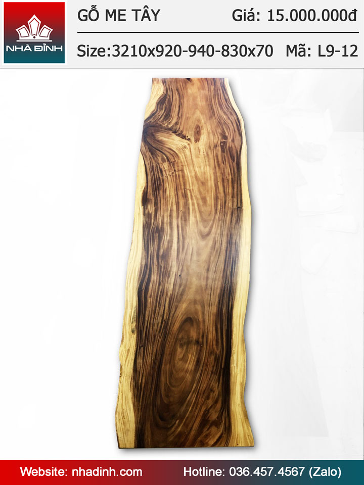 Mặt bàn gỗ Me Tây nguyên khôi dài 3m21 rộng 92-94-83 dày 7(cm)