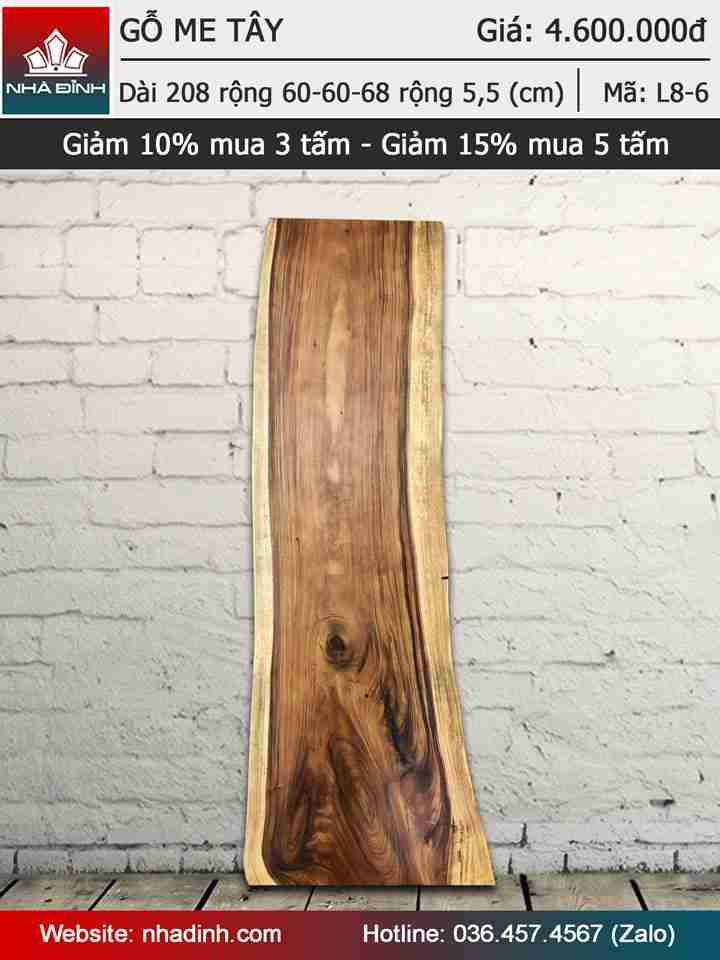 Mặt bàn gỗ Me Tây nguyên tấm dài 2m08 rộng 60-60-68 dày 5,5 (cm)