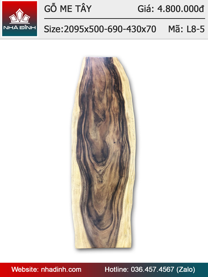 Mặt bàn gỗ Me Tây nguyên tấm dài 2m09 rộng 50-69-43 dày 7 (cm)