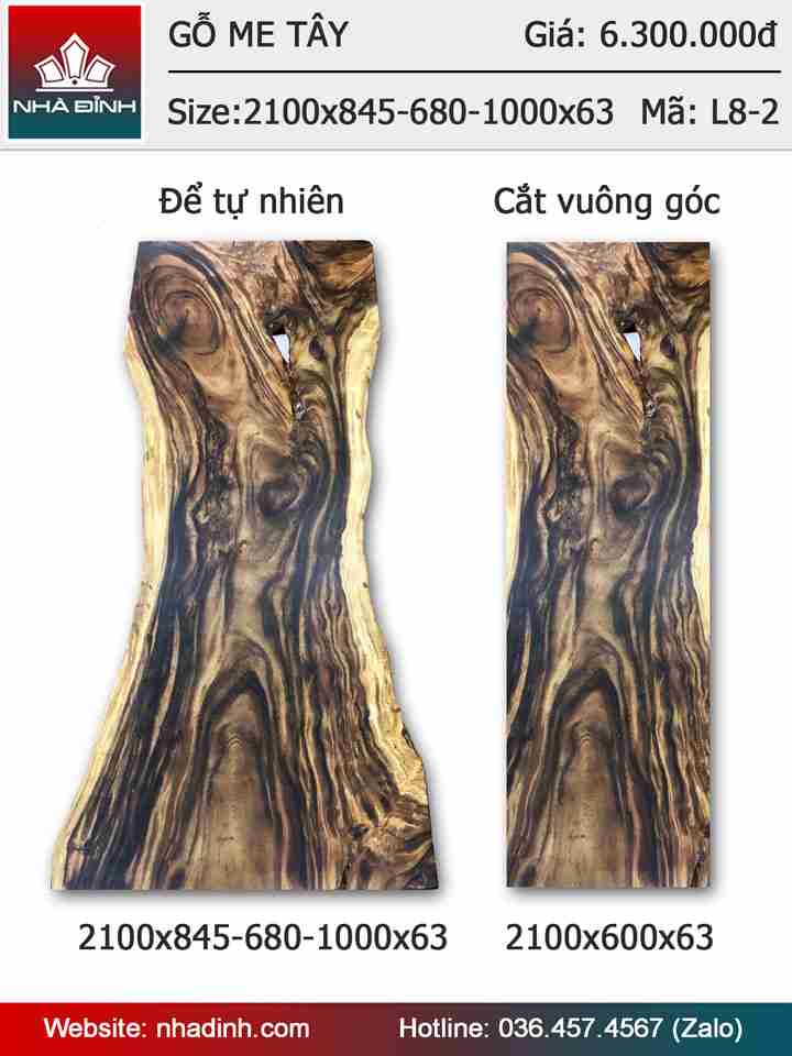 Mặt bàn gỗ Me Tây nguyên tấm dài 2m1 rộng 84,5-68-100 dày 6,3 (cm)