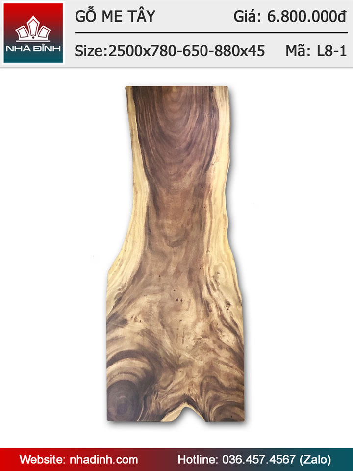 Mặt bàn gỗ Me Tây nguyên tấm dài 2m5 rộng 78-65-88 dày 4,5 (cm)