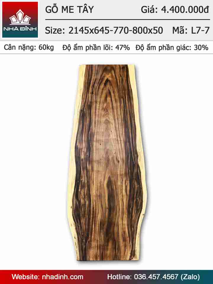 Mặt bàn gỗ Me Tây nguyên khối dài 2m14 rộng 64,5-77-80 dày 5 (cm)