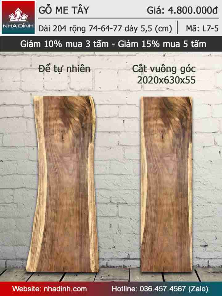 Mặt bàn gỗ Me Tây nguyên khối dài 2m04 rộng 74-64-77 dày 5,5 (cm)