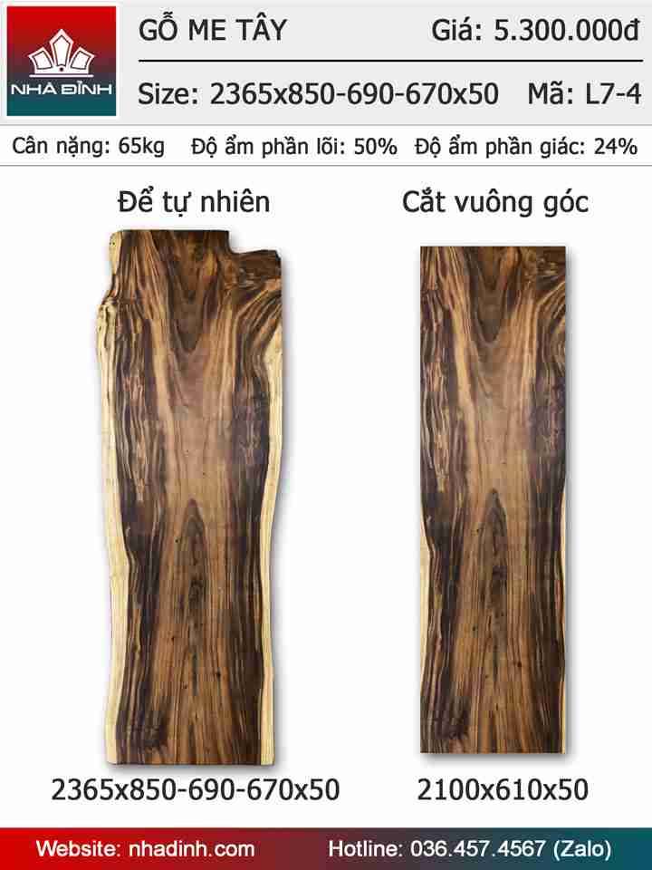 Mặt bàn gỗ Me Tây nguyên khối dài 2m36 rộng 85-69-67 dày 5 (cm)