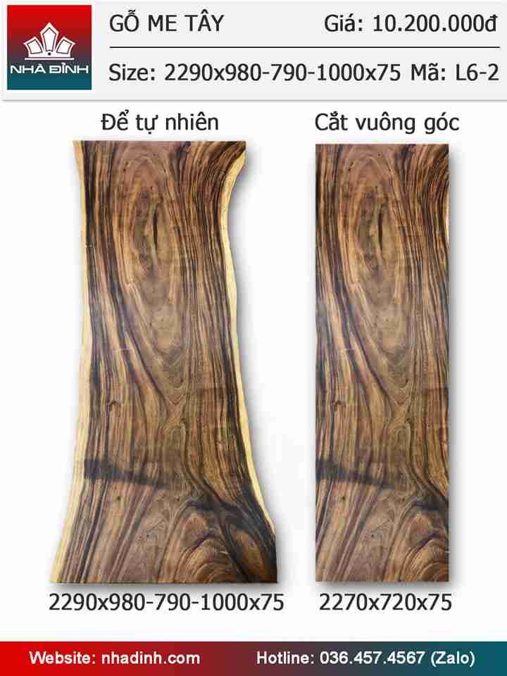 Mặt bàn gỗ Me Tây nguyên khối dài 2m29 rộng 98-79-100 dày 7,5cm