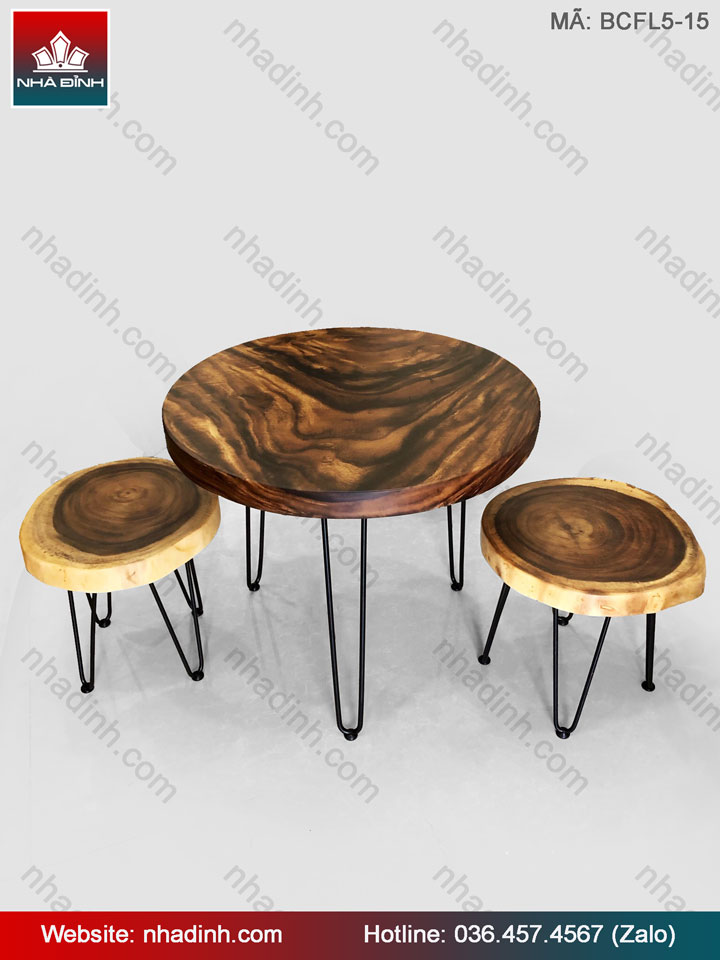 Bộ bàn Cafe 2 ghế gỗ Me Tây nguyên khối đường kính 66 dày 5 (cm)