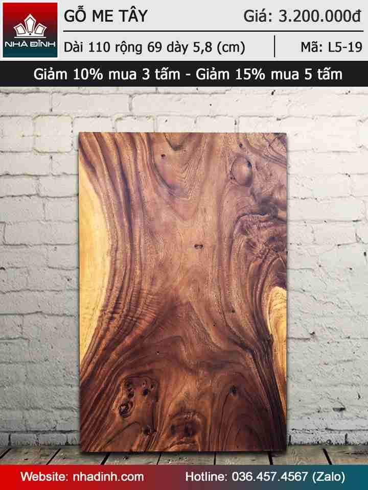 Mặt bàn gỗ Me Tây nguyên tấm dài 1100 rộng 690 dày 58 (mm)