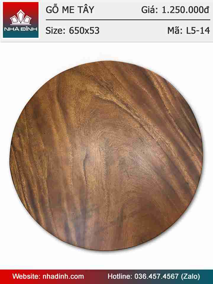 Mặt bàn tròn gỗ Me Tây nguyên tấm đường kính 65 dày 5,3cm