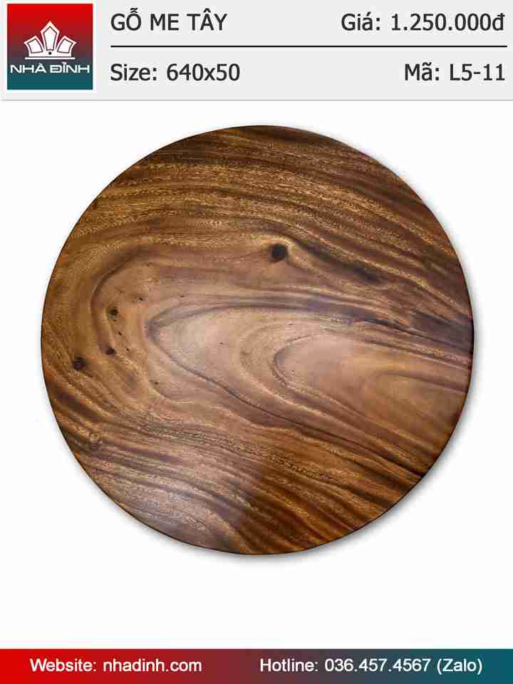 Mặt bàn tròn gỗ Me Tây nguyên tấm đường kính 64 dày 5cm